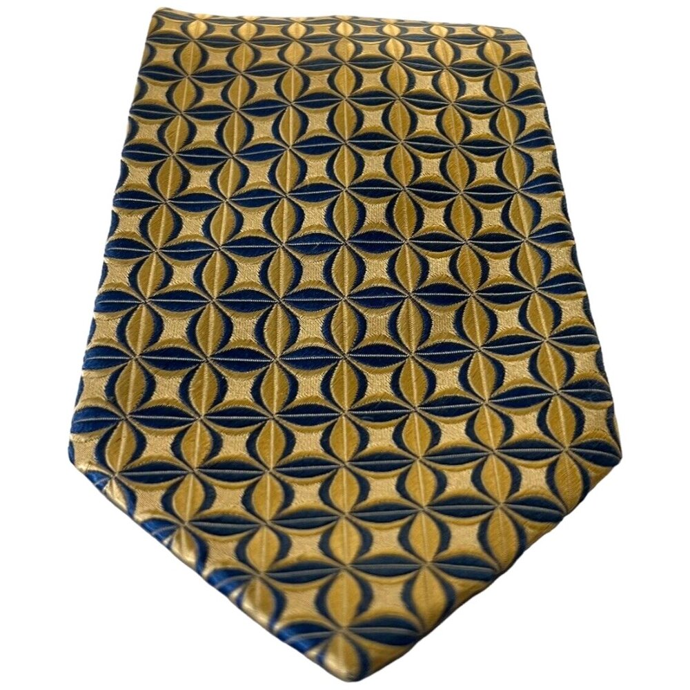 Jhane Barnes Neck Tie Mens Silk Jacquard Foulard Geometric Gold Blue Long 60x3.5